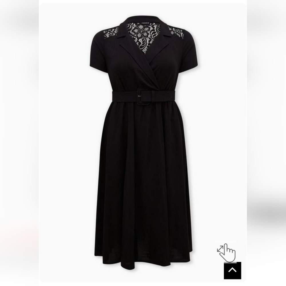 Torrid Black Belted Stretch Challis Lace Insert Midi Surplice Shirt Dress - Picture 4 of 9